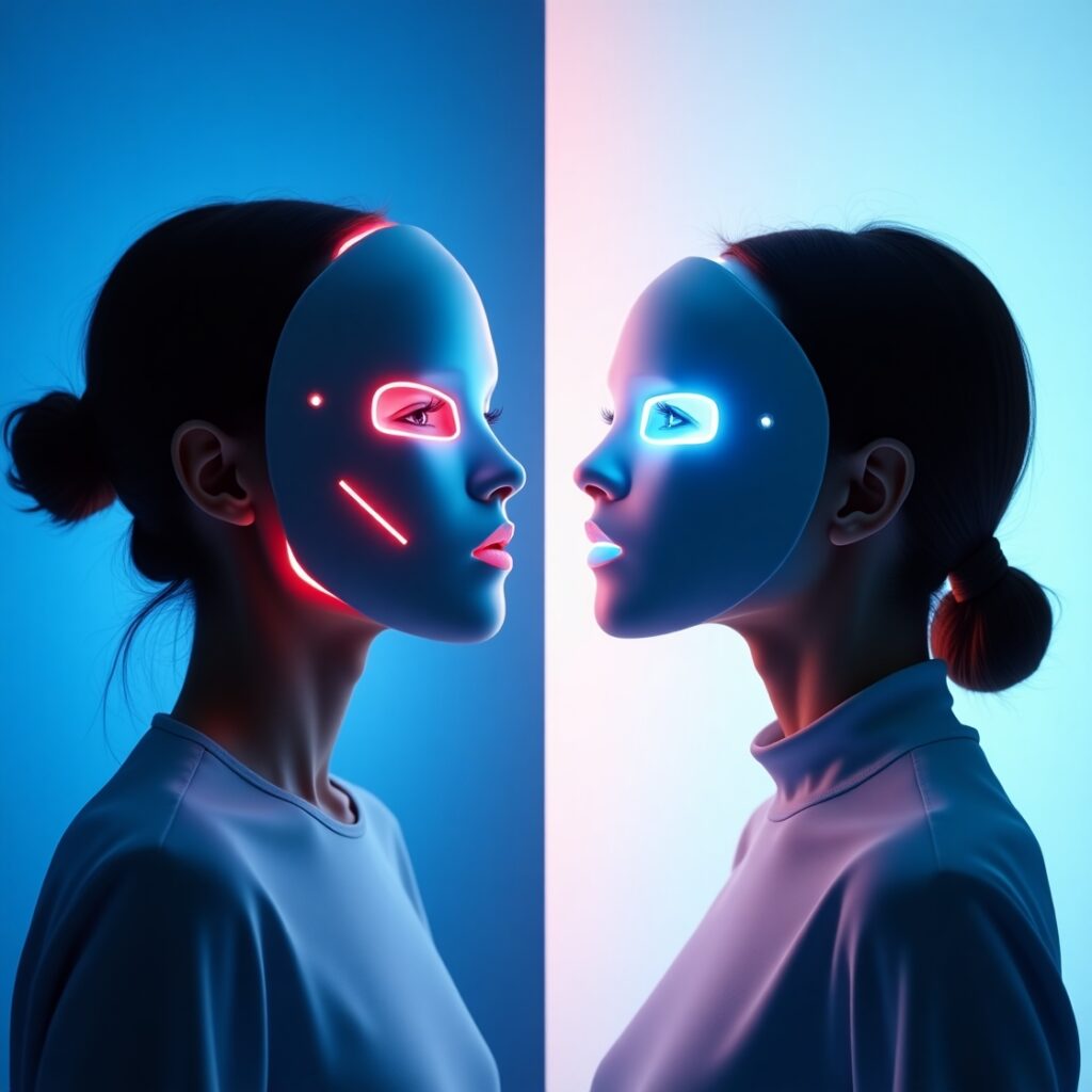 CurrentBody LED light therapy mask floating elegantly against soft gradient background, red LED lights beautifully illuminated
