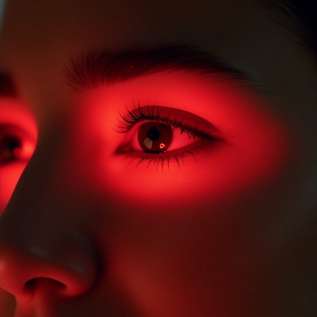 Close-up of under-eye dark circles being treated with LED therapy
