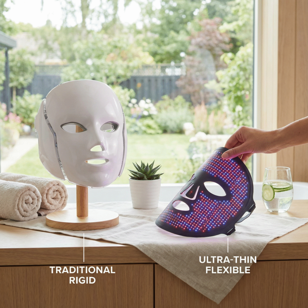 Comparison between rigid LED face mask helmet and flexible L'Oréal LED mask design