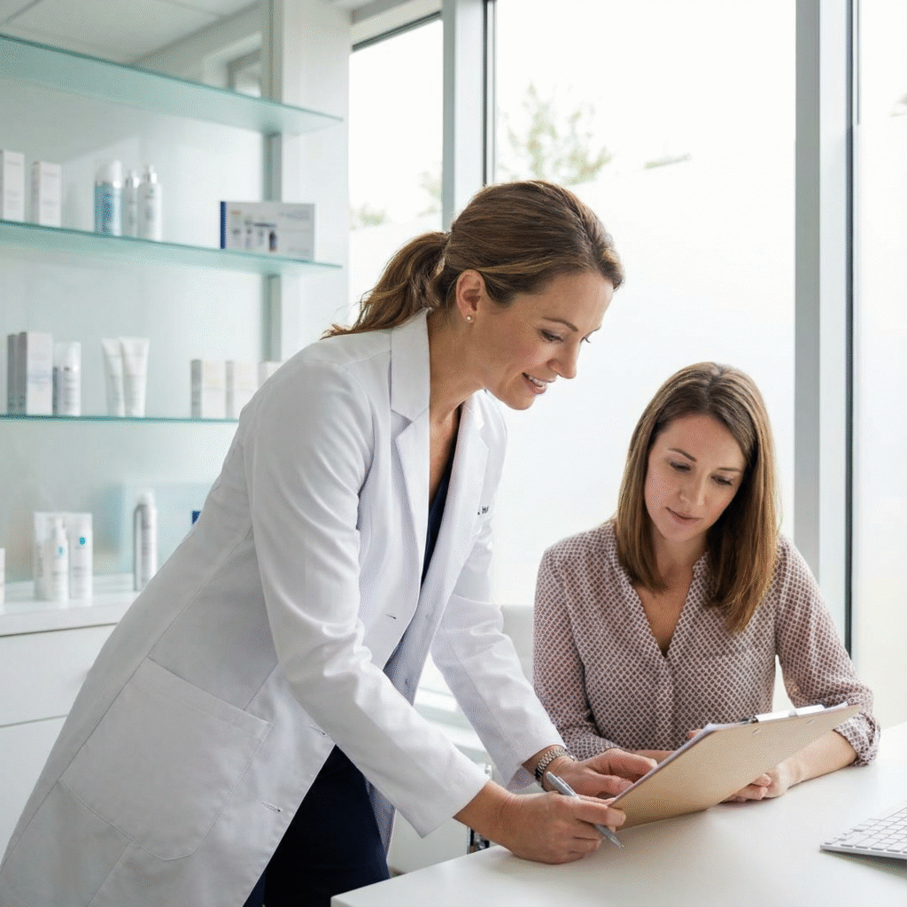 Healthcare professional discussing LED mask contraindications with patient showing medical history