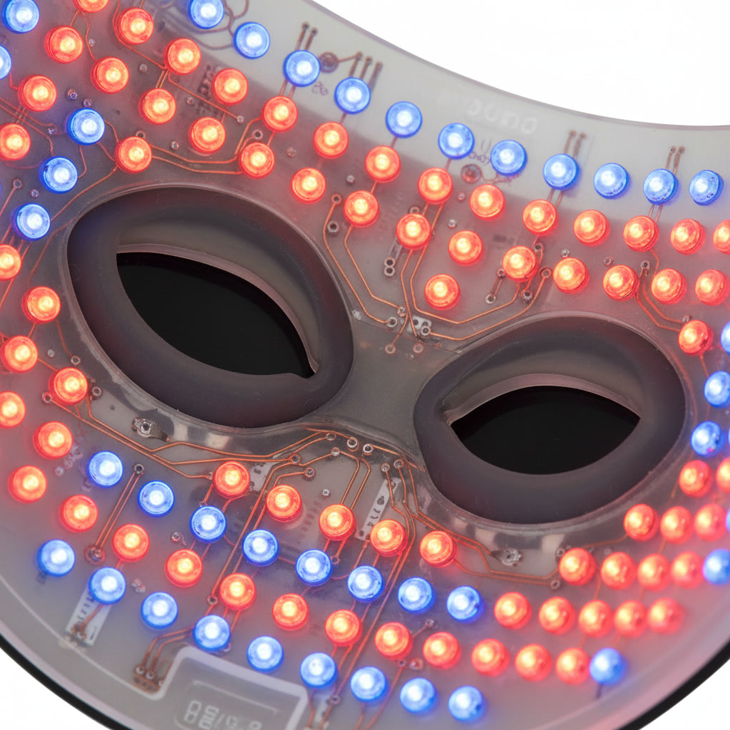LED face mask showing different wavelengths of light, red blue and infrared LEDs close-up