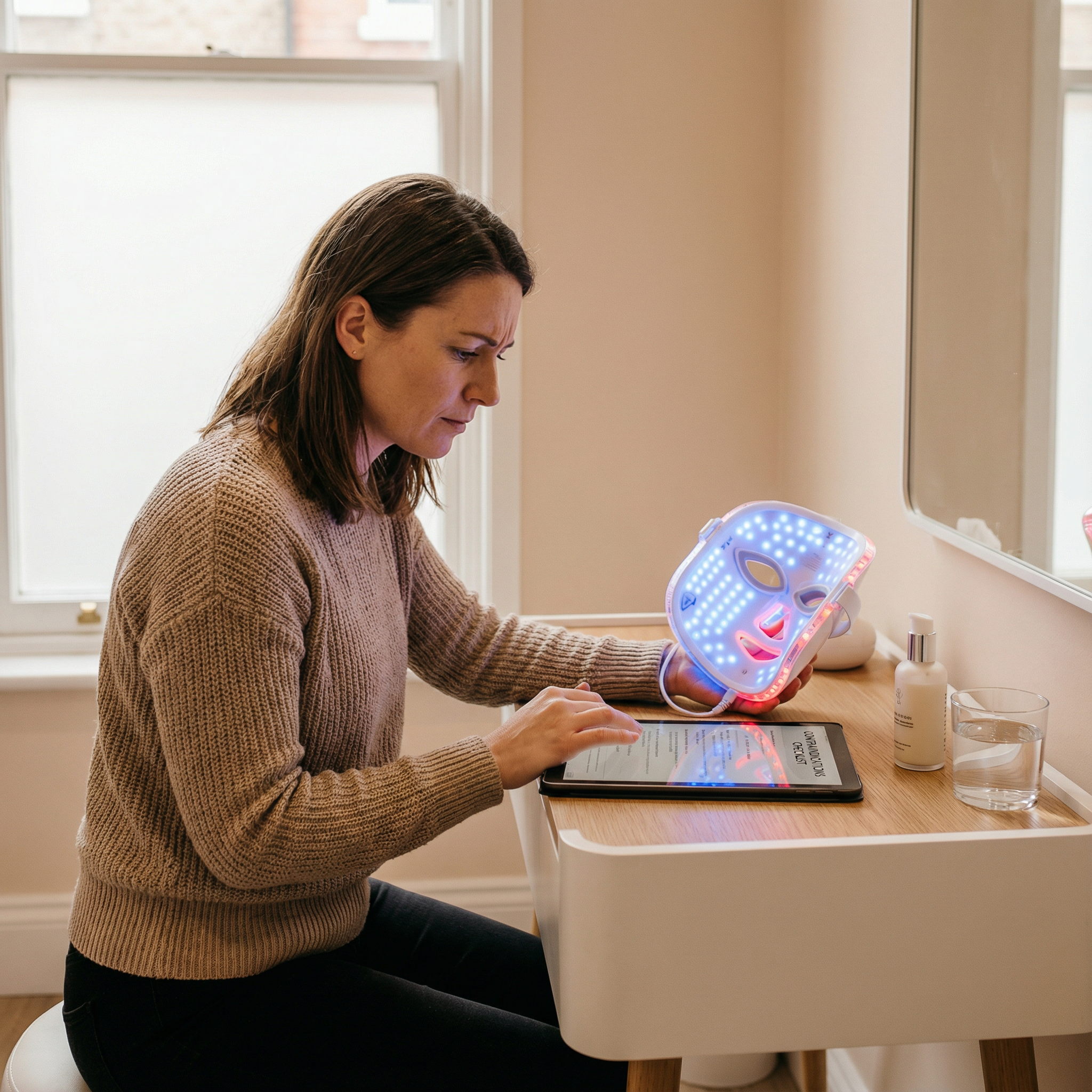 LED mask contraindications safety checklist with woman reviewing medical information before light therapy treatment