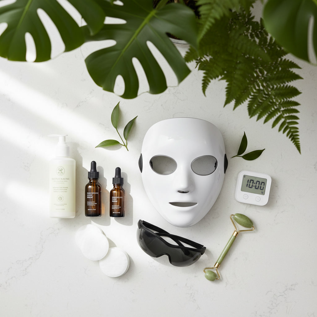 do LED masks need eye protection, organized LED therapy station showing mask, eye protection, and skincare products