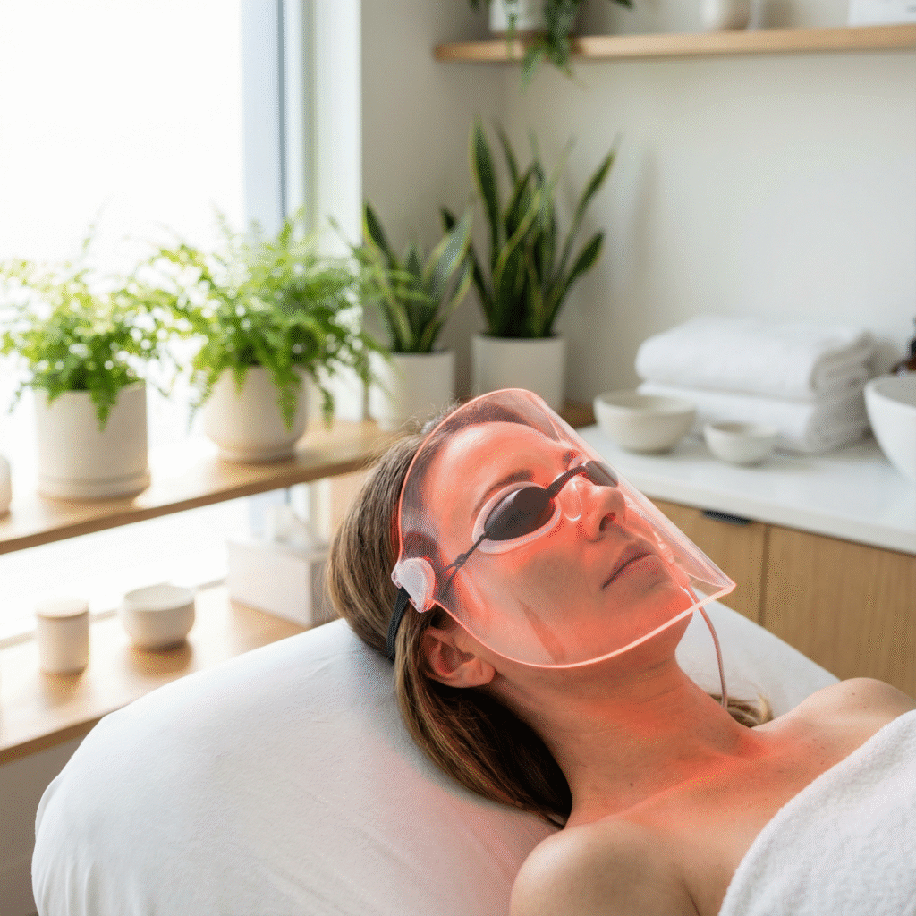 do LED masks need eye protection, woman wearing LED face mask with protective eyewear in spa setting