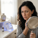 does LED light therapy make melasma worse, woman with melasma examining her skin with LED face mask on table