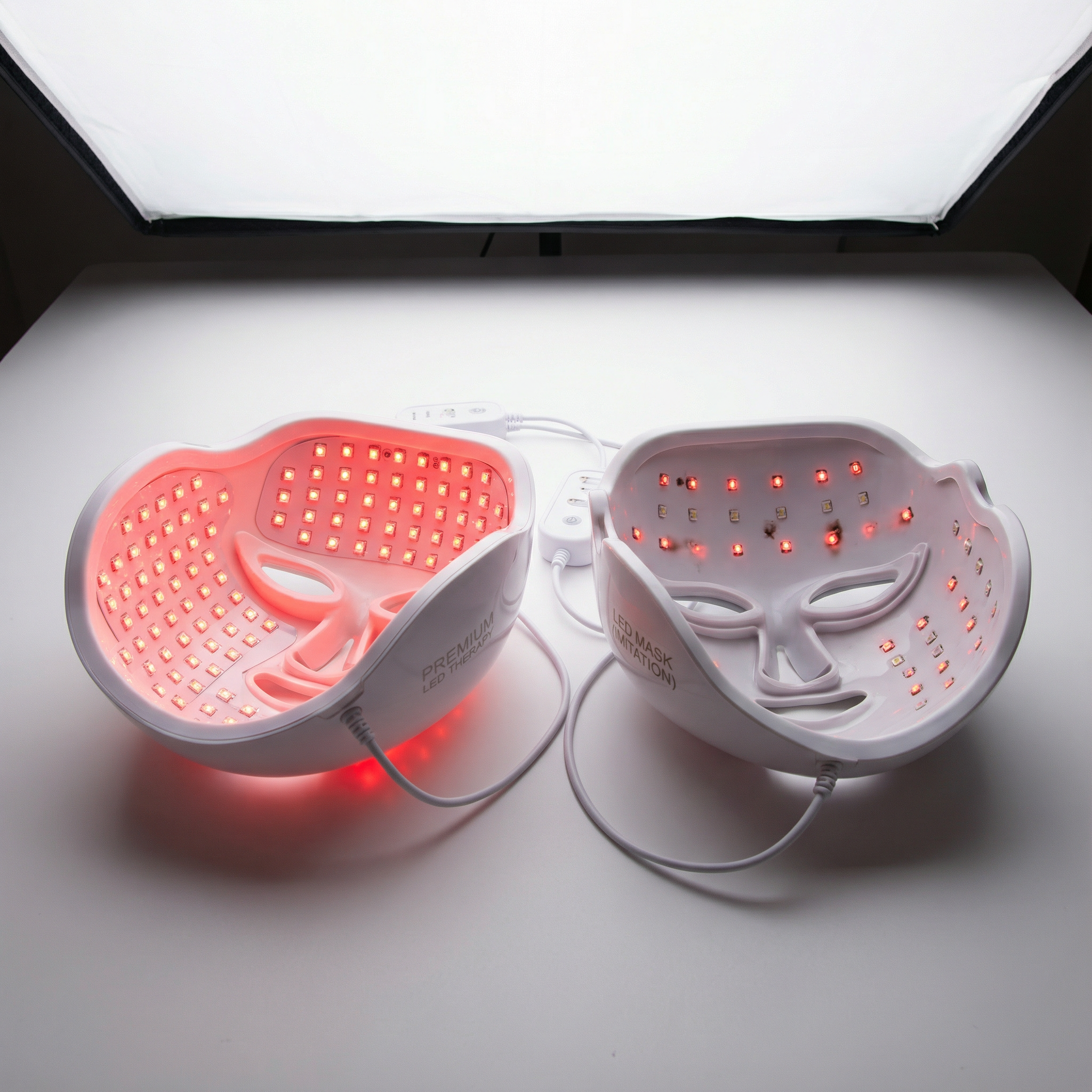 how to spot a fake LED mask side by side comparison of genuine versus counterfeit LED face mask devices